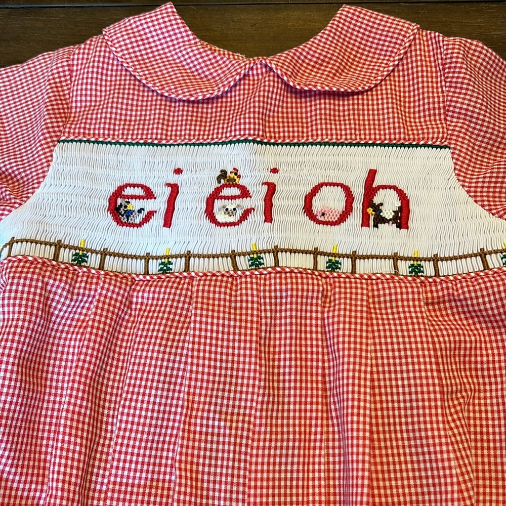 New Wish Upon a Star Smocked Red Check Old Macdonald Song  “ei ei oh” Romper